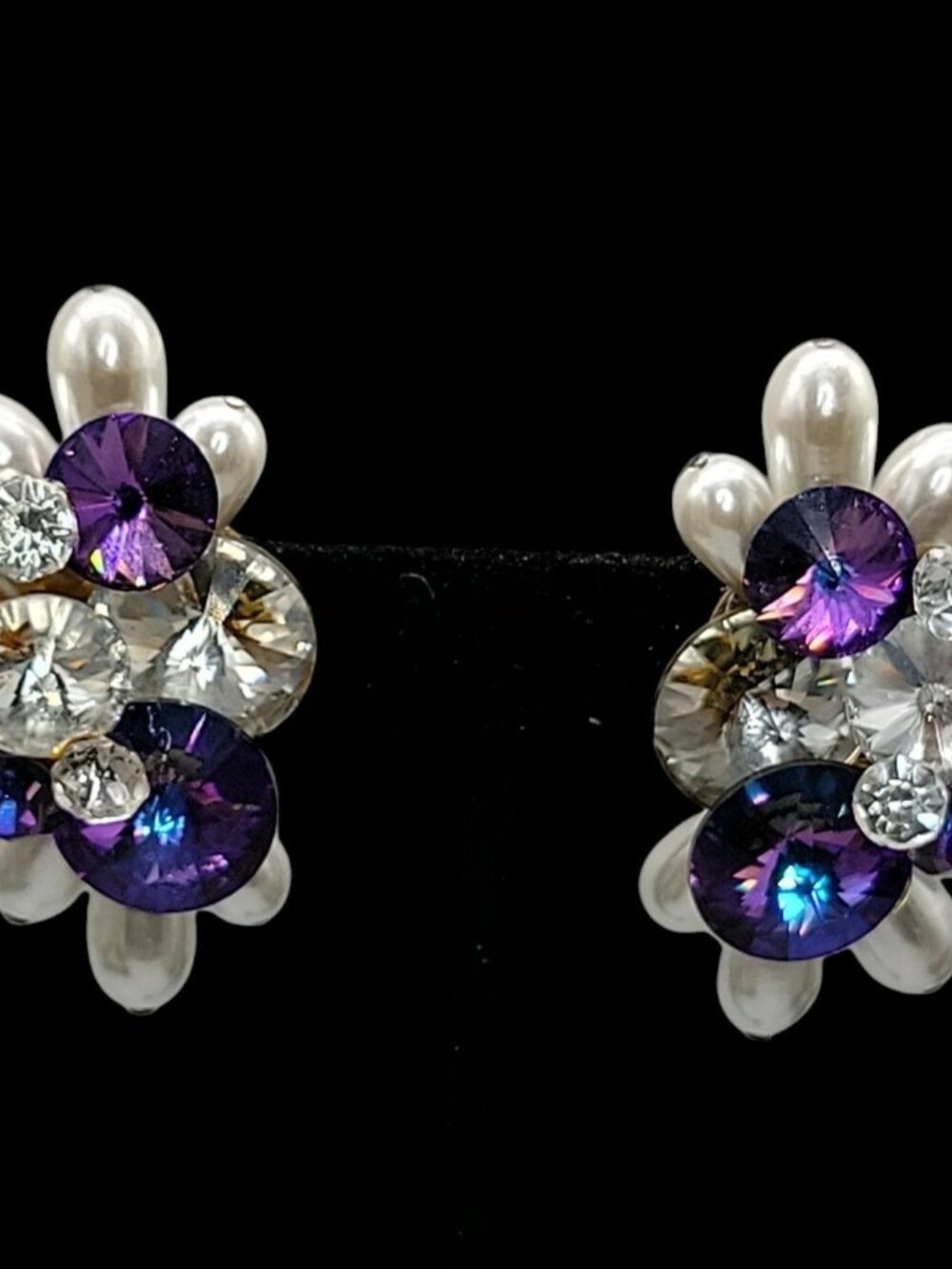 Vtg 1960s Cluster Clip On Earrings Purple Rivoli Rhinestone Faux Baroque Pearl - Picture 5 of 16